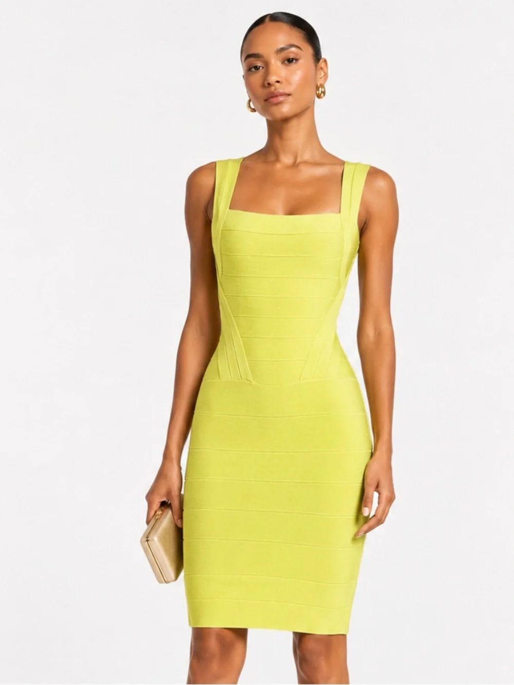 Y2K BANDAGE BODYCON Yellow Square-Neck Dress Size Large